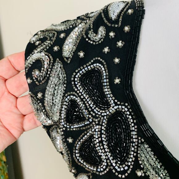 Vtg Laurence Kazar XL Dress 100% Silk Heavily Sequined Beaded Cut Out Back Black - Picture 8 of 14
